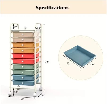 10 Drawer Rolling Storage Cart Organizer with Locking Wheels V8561