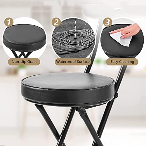 18" Folding Stool with Backrest, Leather Padded Seat, Black J57275