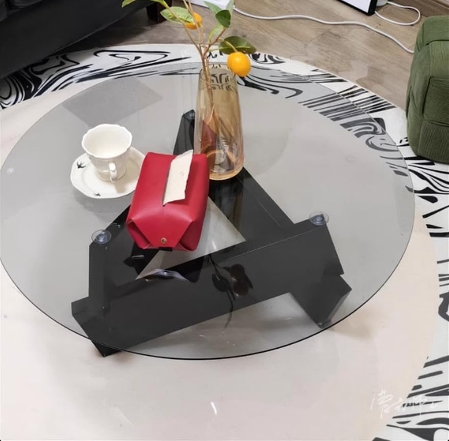 Round Glass Coffee Table with Solid Wood Abstract Base V27530