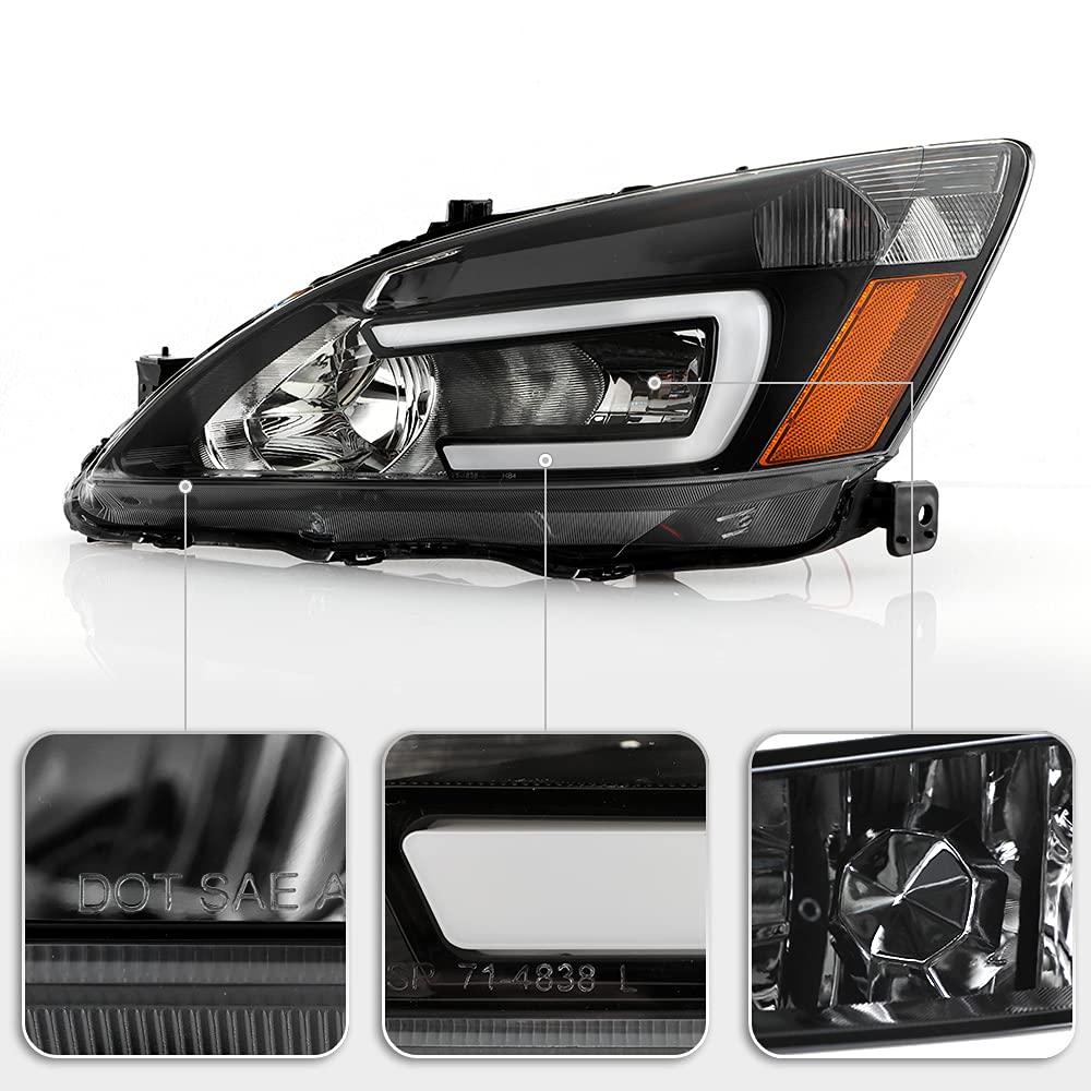 For 2003-2007 Honda Accord Black Housing LED Tube Headlights Assembly Pair Set E223599