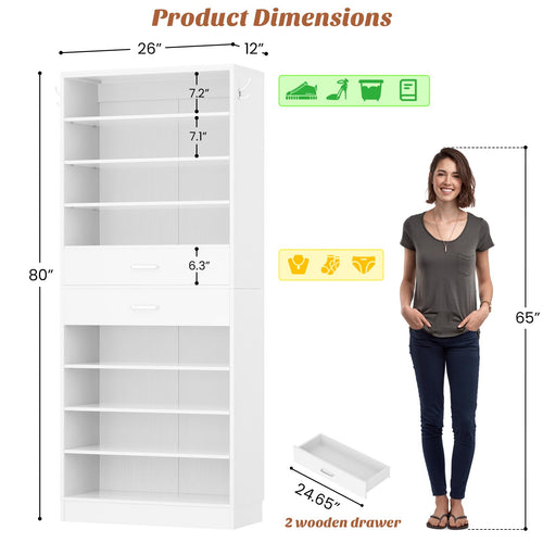 10 Tiers Tall White Wood Shoe Cabinet V394