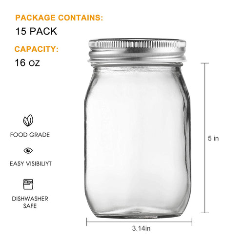 16 Pack 16 oz Glass Mason Jars with Airtight Lids and Bands V104