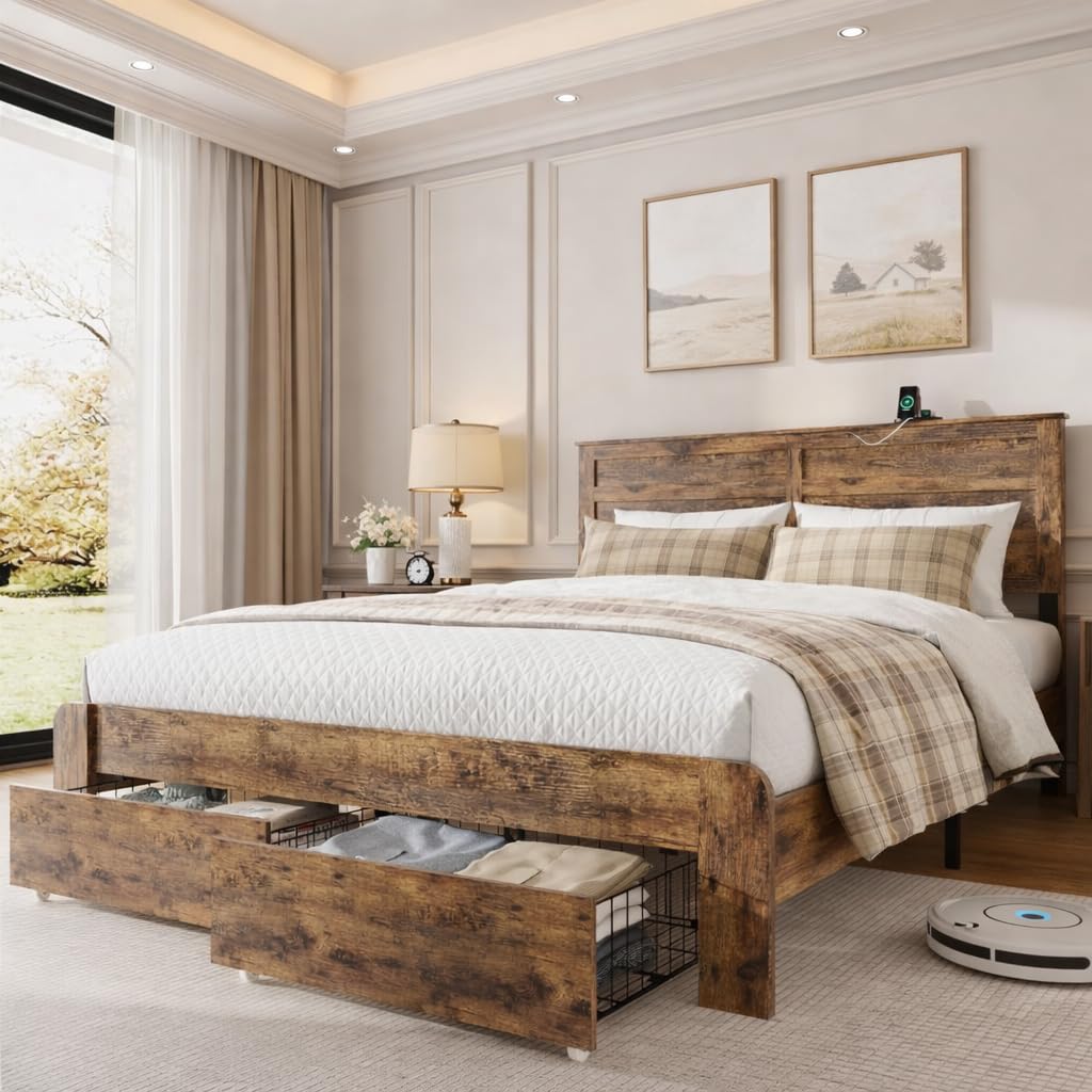 Queen Size Wooden Bed Frame with Storage Drawers F43444