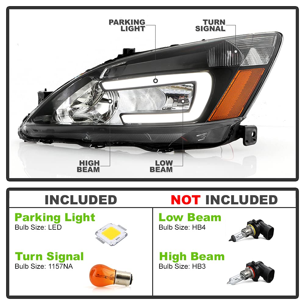 For 2003-2007 Honda Accord Black Housing LED Tube Headlights Assembly Pair Set E223599