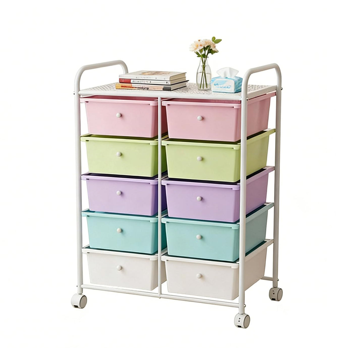 Rolling Storage Drawer Cart with Wheels and Carbon Steel Tabletop U90830