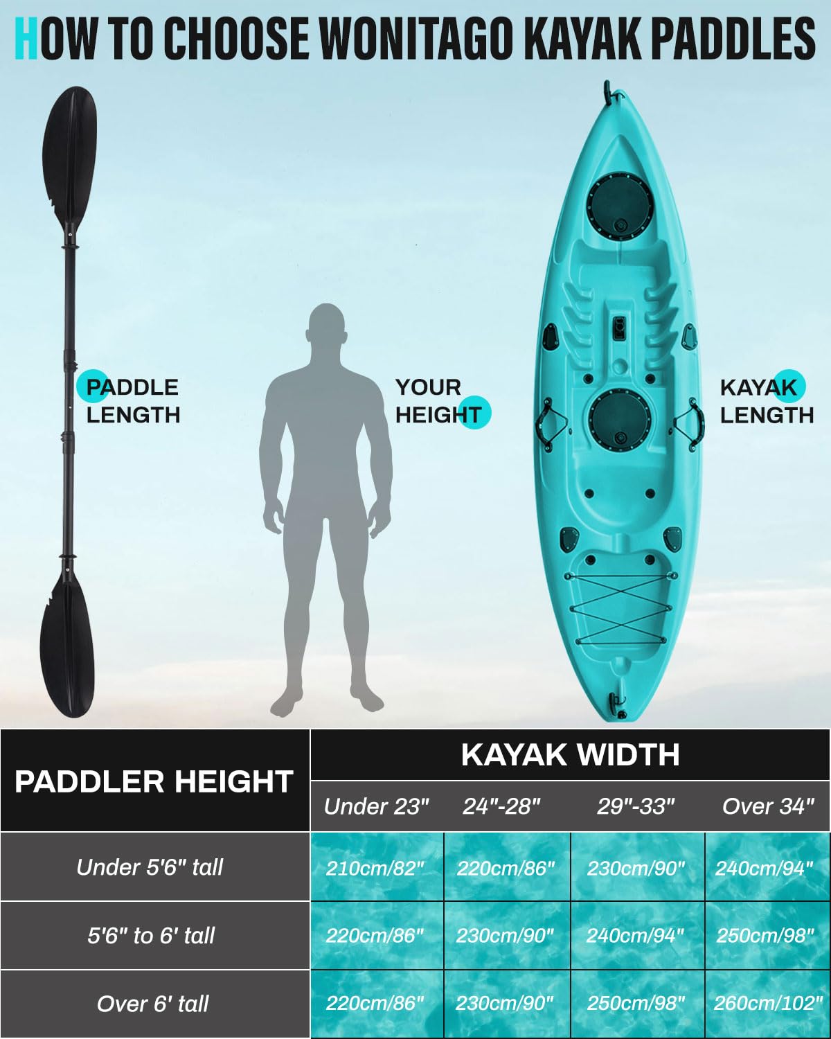 Kayak Paddles with Paddle Leash, 70in-97in Lightweight Paddling Blades V711969