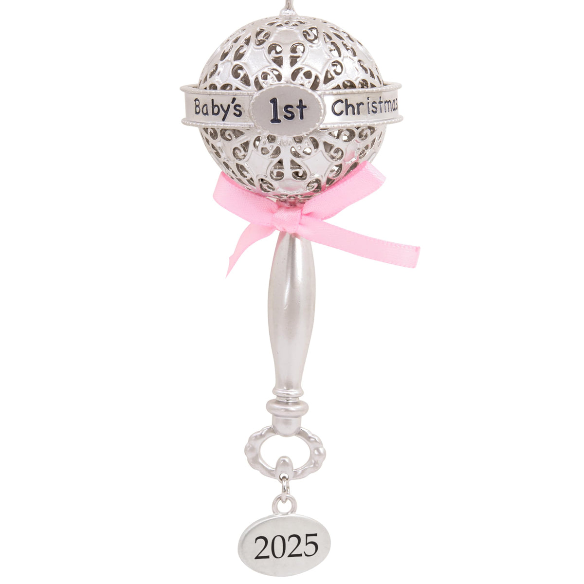 Silver Rattle with Pink Ribbon Christmas Ornament C542680