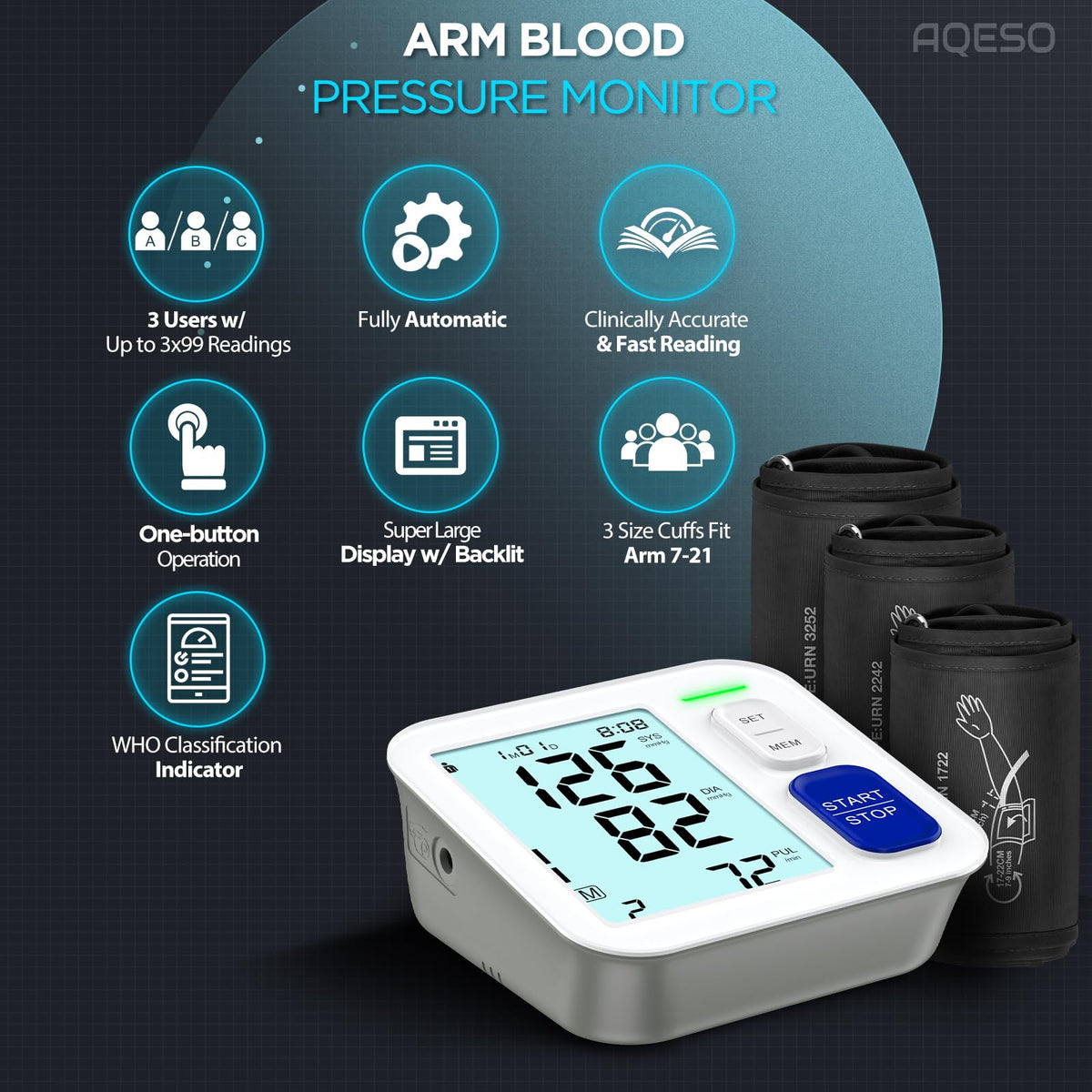 Blood Pressure Machine Upper Arm with 3 Size Cuffs and Large Backlit LCD M692