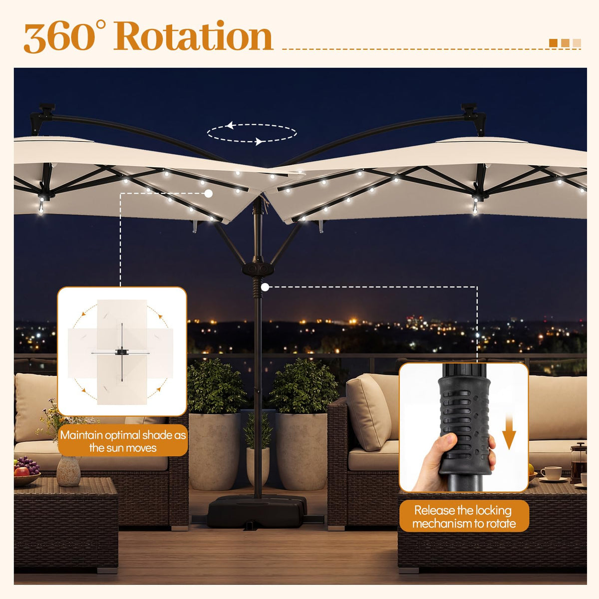 8x8 FT Solar Square Offset Cantilever Umbrella with Base U7024