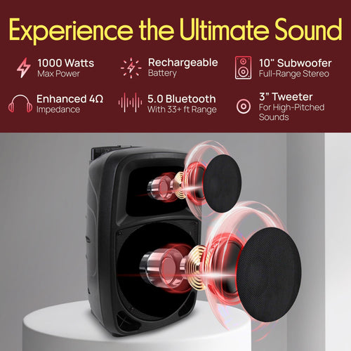 1000W Portable Bluetooth PA Speaker with 10'' Subwoofer and Wireless Mic C8817