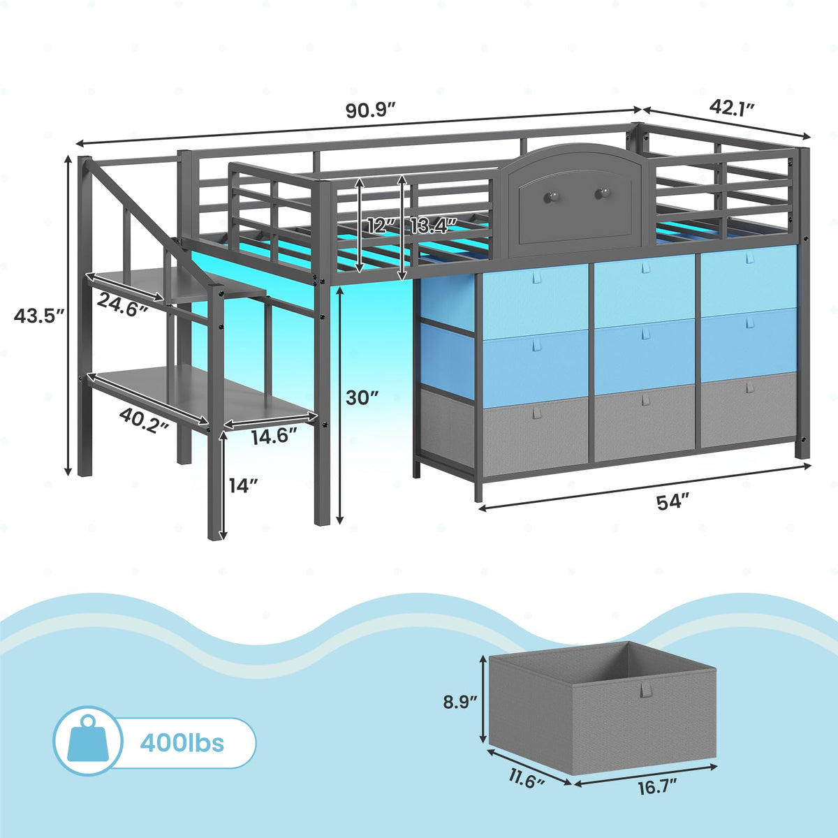 Twin Size Low Loft Bed with 9 Storage Drawers and LED Lights G181787