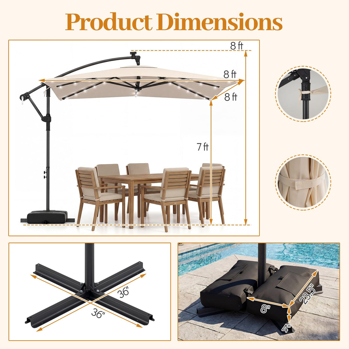 8x8 FT Solar Square Offset Cantilever Umbrella with Base U7024
