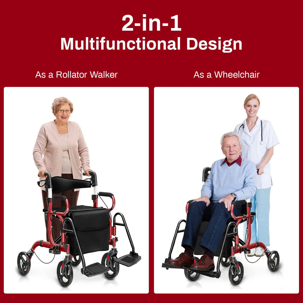 2 in 1 Folding Rollator Walker with Seat and 8" Wheels Q369