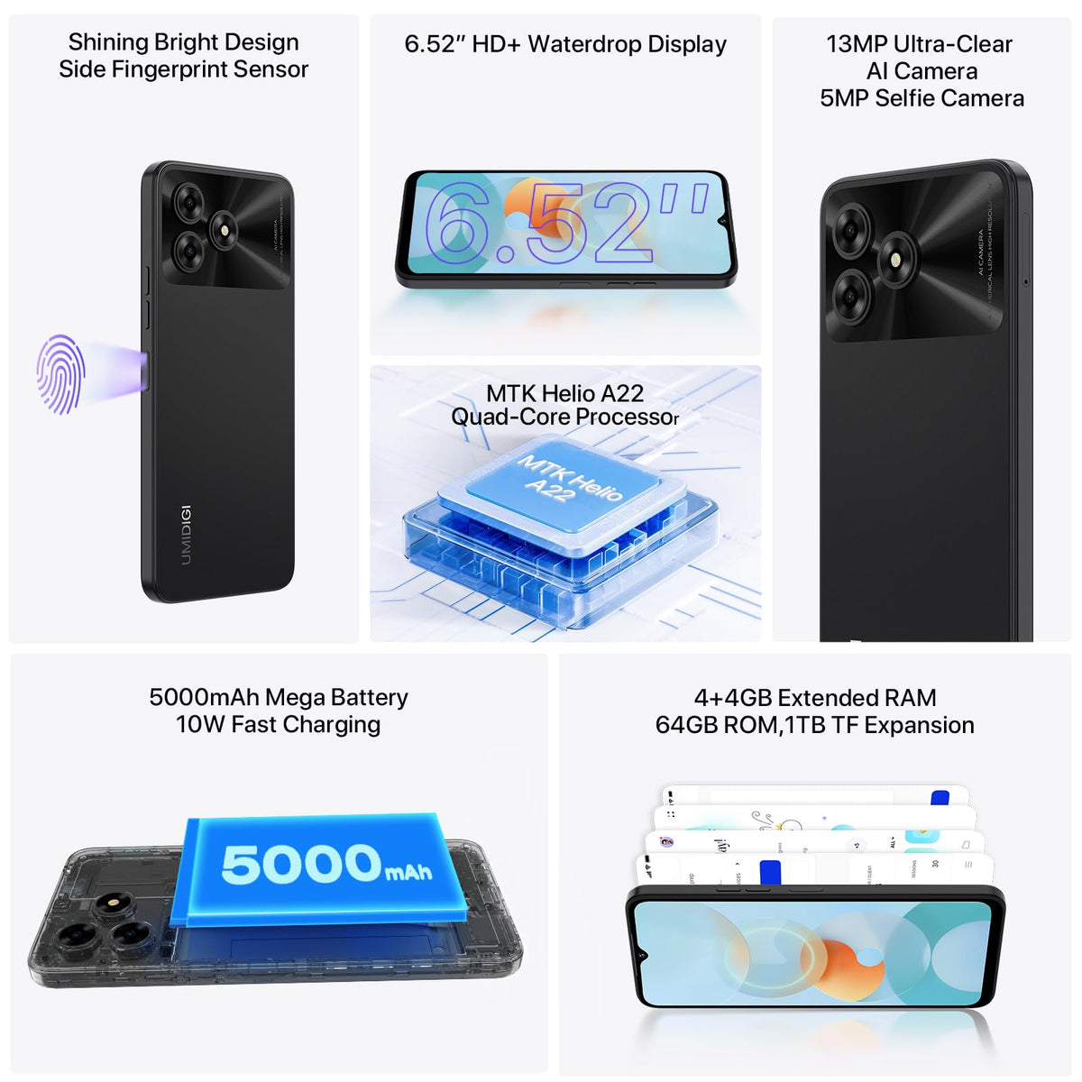 Unlocked Cell Phone Android Smartphone 6.52" Full Screen 5000mAh Black H30376