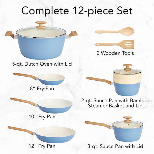 12-Piece Light Blue Ceramic Titanium-Infused Nonstick Cookware Set Z7558