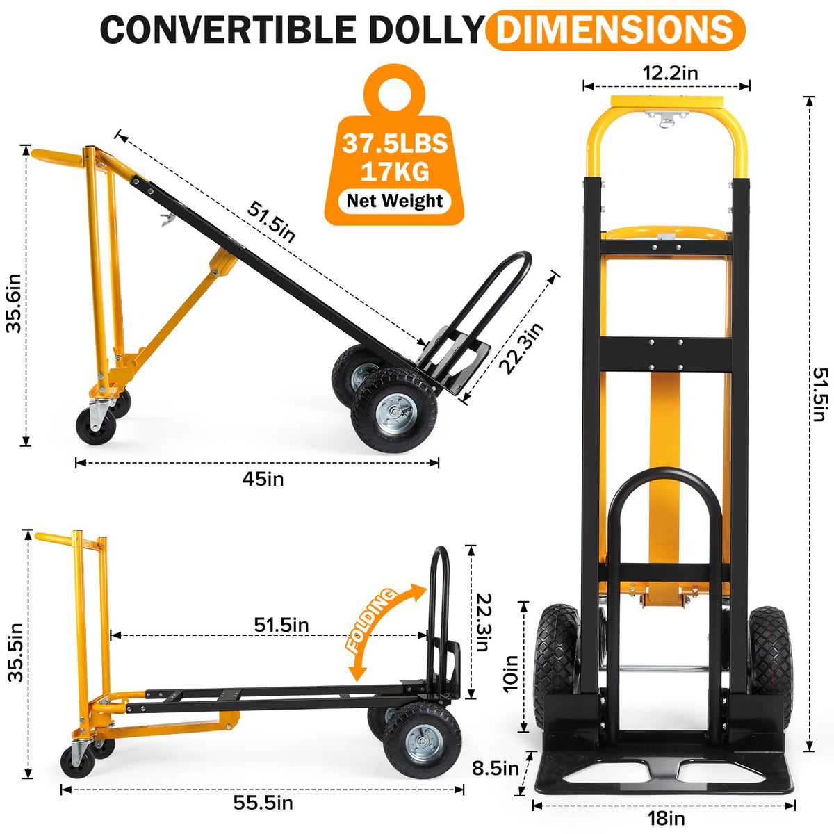 3 in 1 Convertible Hand Truck Dolly Cart with 10" Pneumatic Wheels, 1000LBS Capacity Q68298