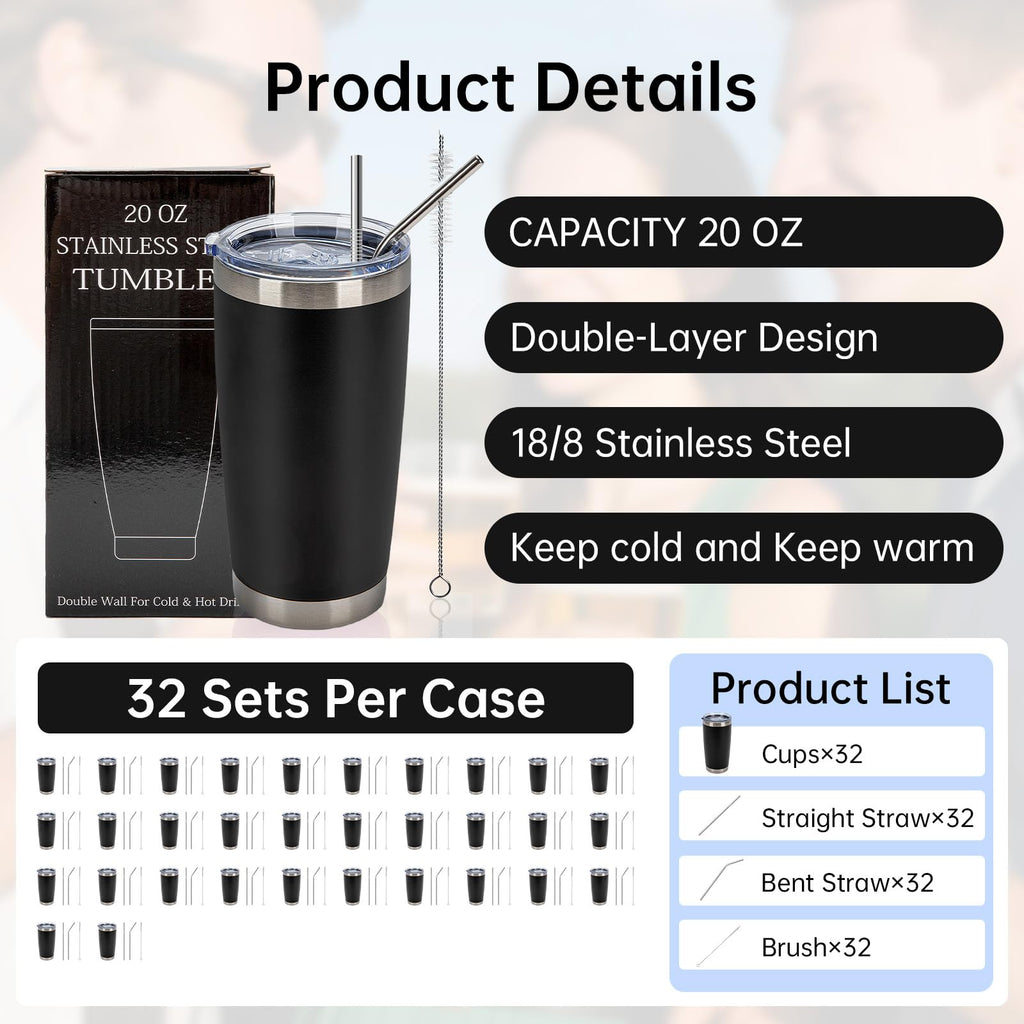 32 Pack 20oz Stainless Steel Insulated Tumblers with Lid & Straw N68898