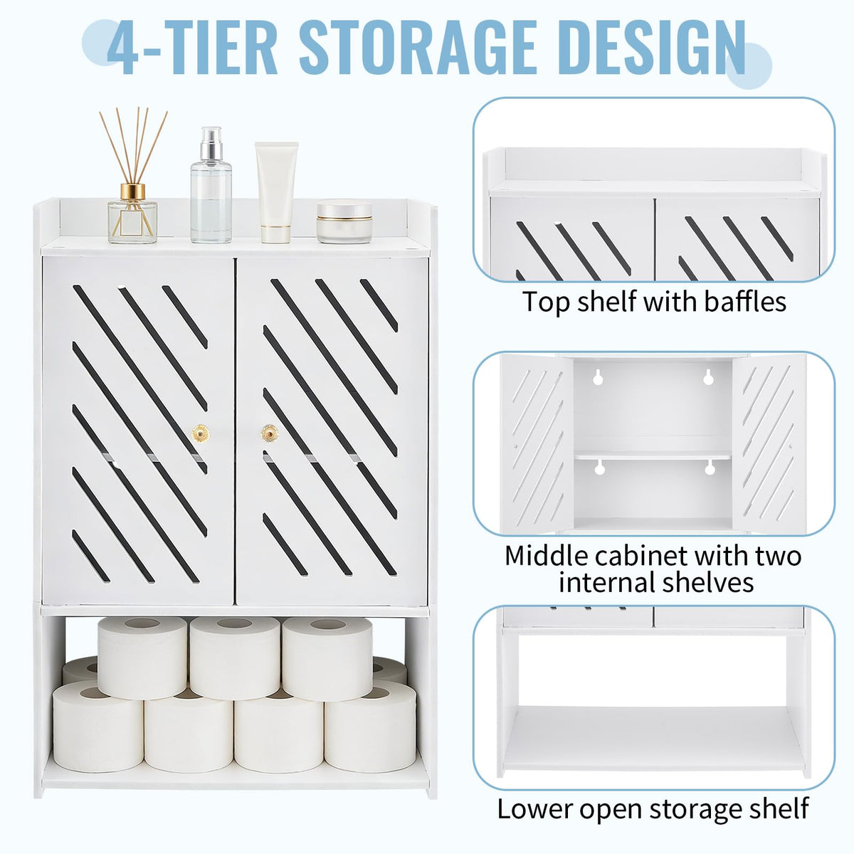 Wall Mounted 4-Tier White Bathroom Storage Cabinet with Door and Shelf T523