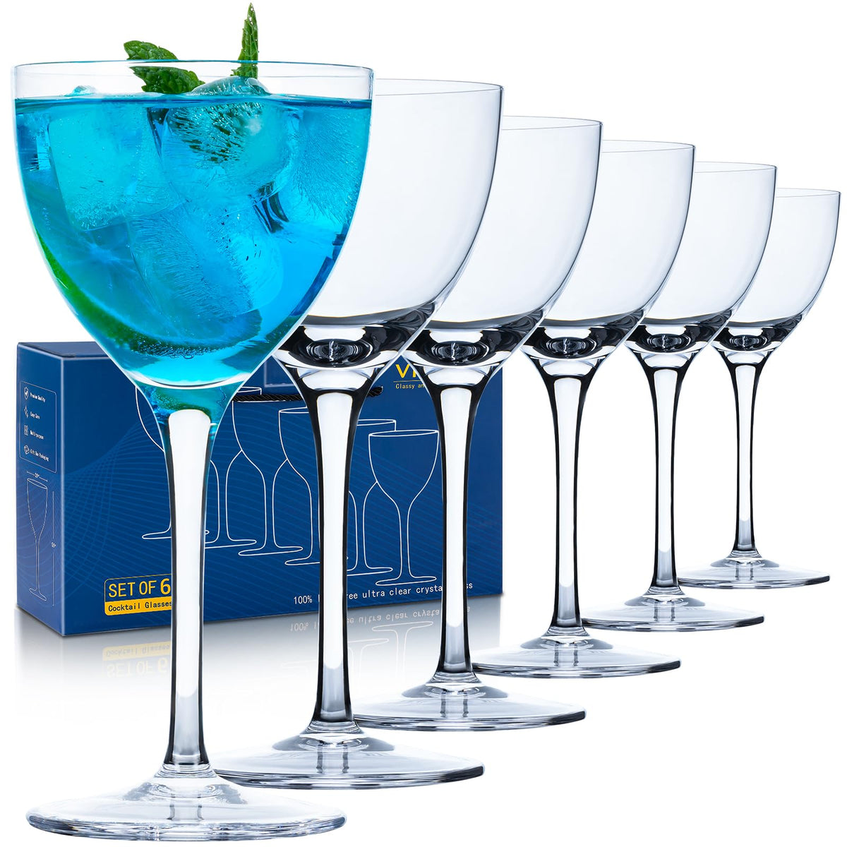 6oz Hand Blown Lead-Free Crystal Martini Glasses Set of 6 Z42774