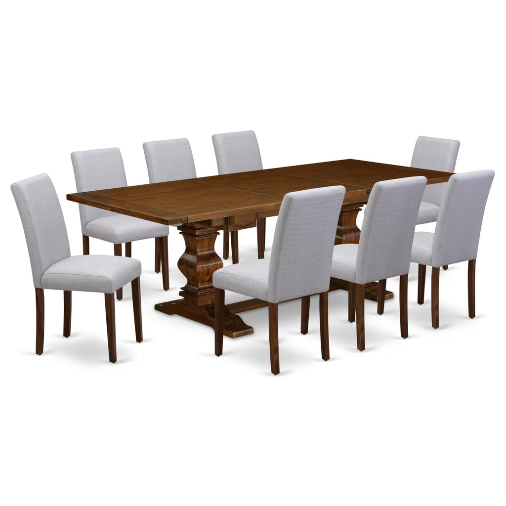 9 Piece Walnut Dining Table Set with 8 Grey Linen Chairs H302