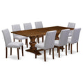 9 Piece Walnut Dining Table Set with 8 Grey Linen Chairs H302
