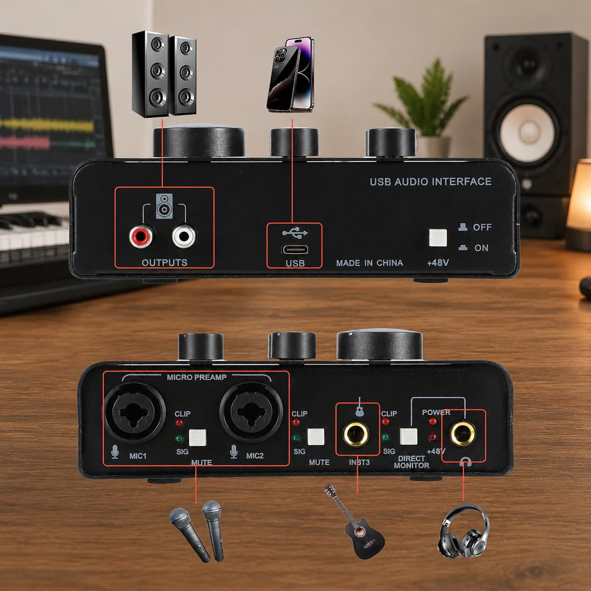 USB C Audio Interface with 48V Phantom Power V44545