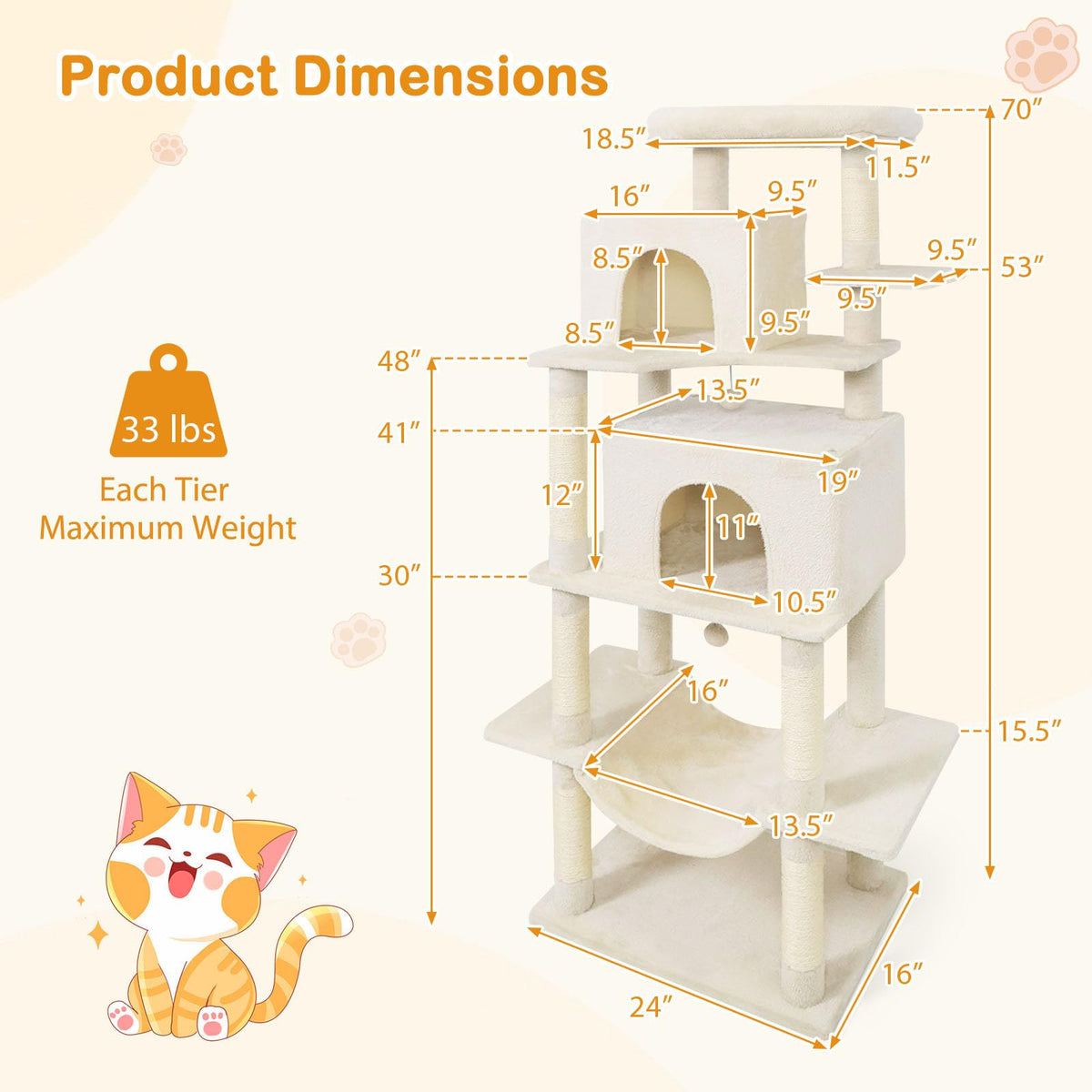 70 Inch Multi-Level Cat Tree with Sisal Scratching Posts and Condos P55710