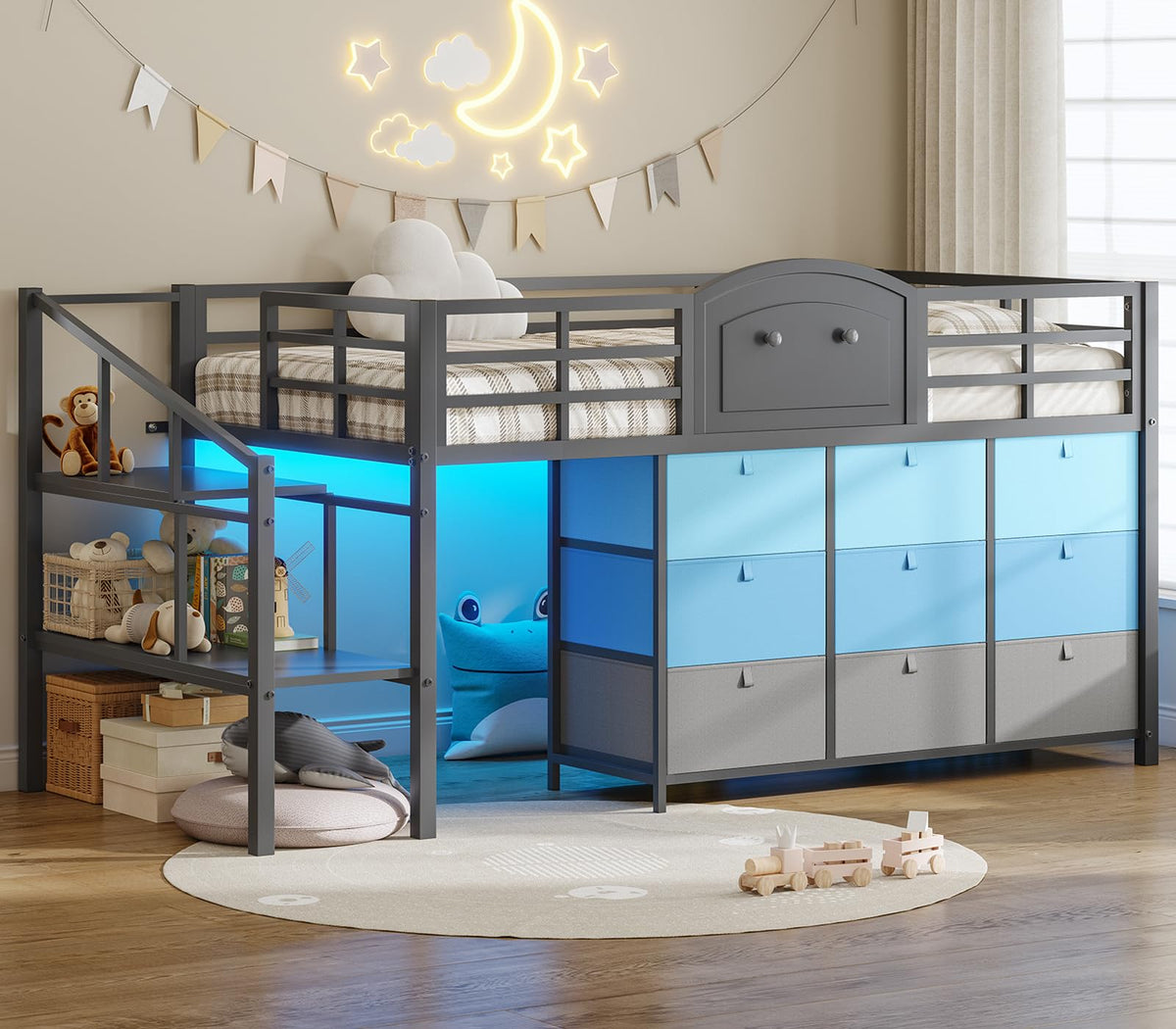 Twin Size Low Loft Bed with 9 Storage Drawers and LED Lights G181787