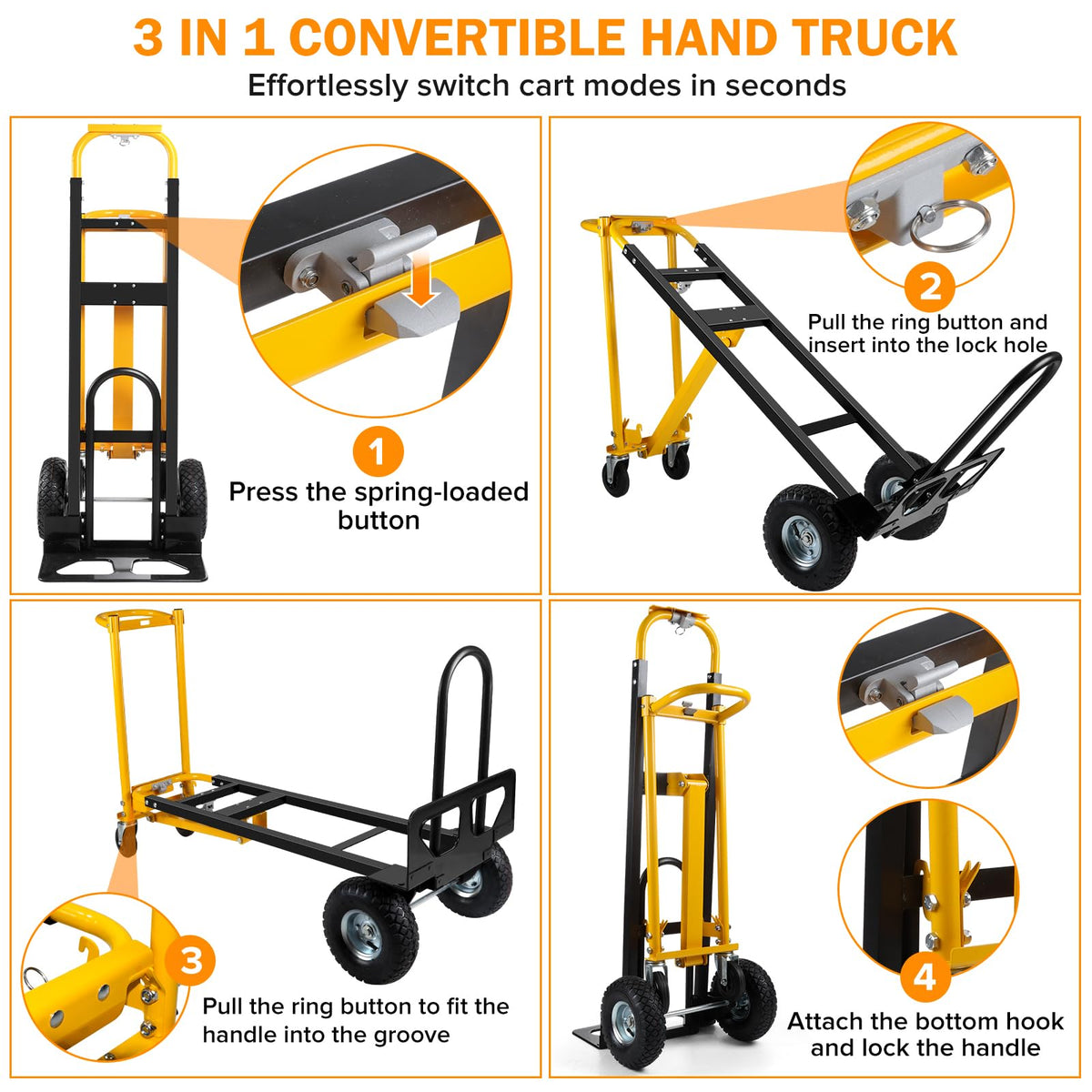 3 in 1 Convertible Hand Truck Dolly Cart with 10" Pneumatic Wheels, 1000LBS Capacity Q68298