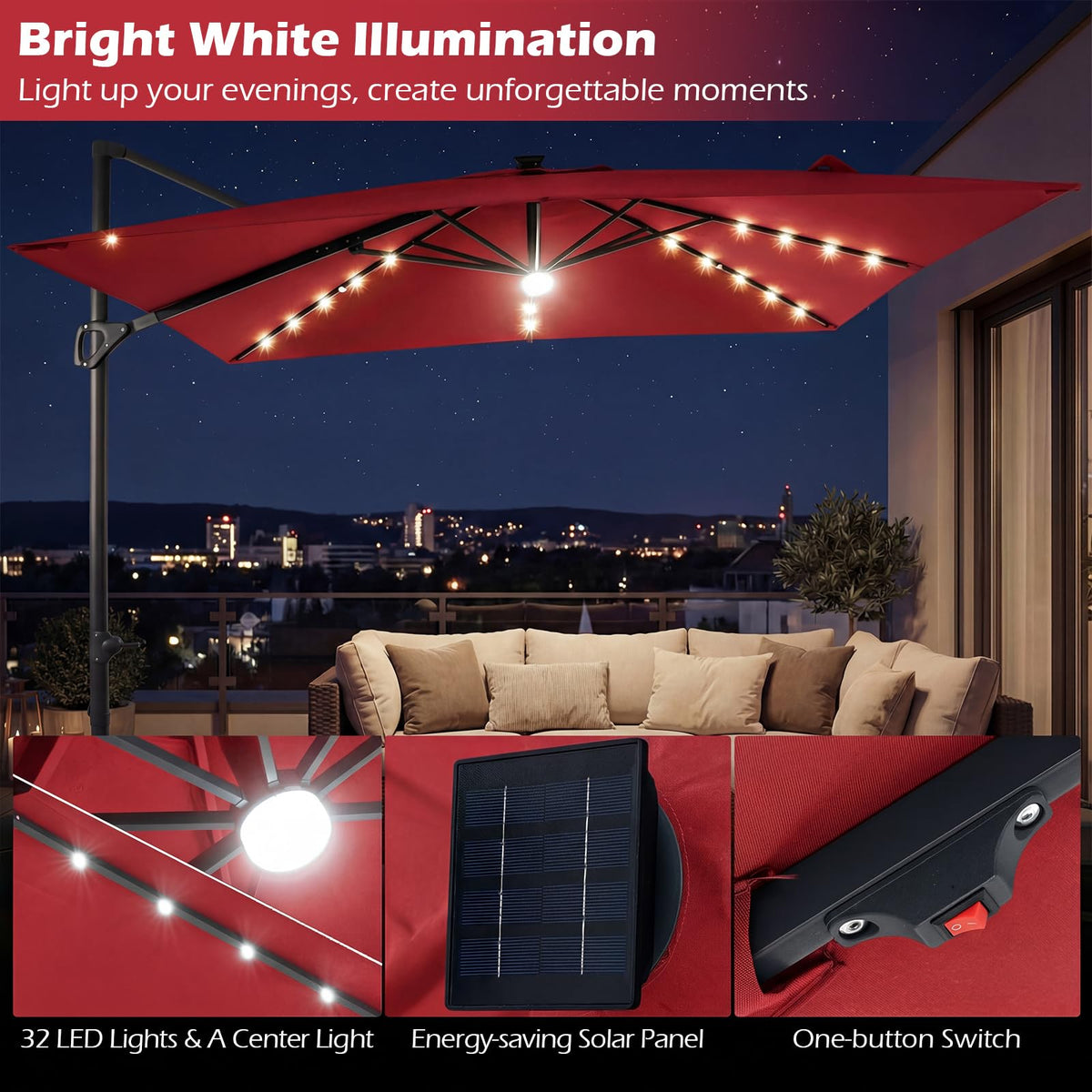 10ft Solar LED Patio Umbrella with Aluminum Pole X3795
