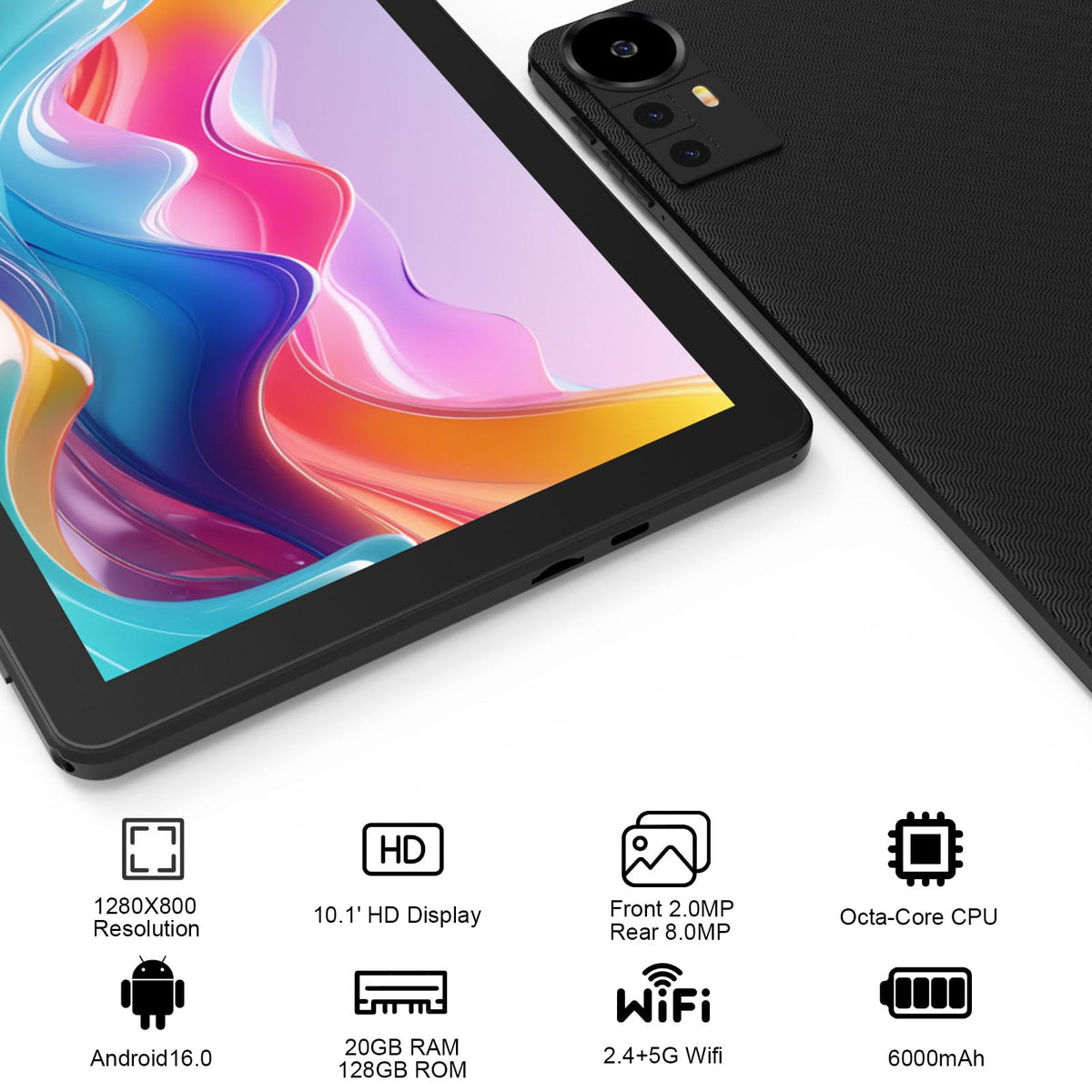 Android 16 Tablet 10 Inch 20GB RAM 128GB ROM Black Z450523
