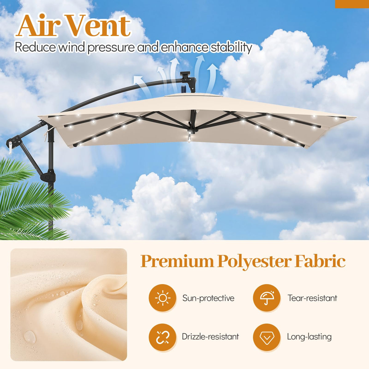 8x8 FT Solar Square Offset Cantilever Umbrella with Base U7024