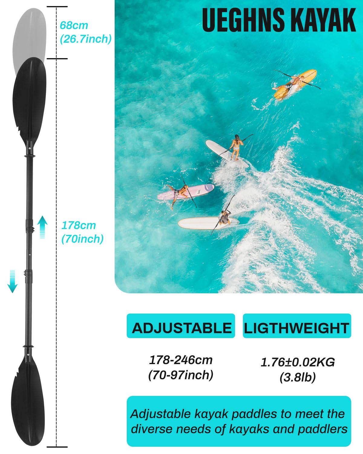 Kayak Paddles with Paddle Leash, 70in-97in Lightweight Paddling Blades V711969