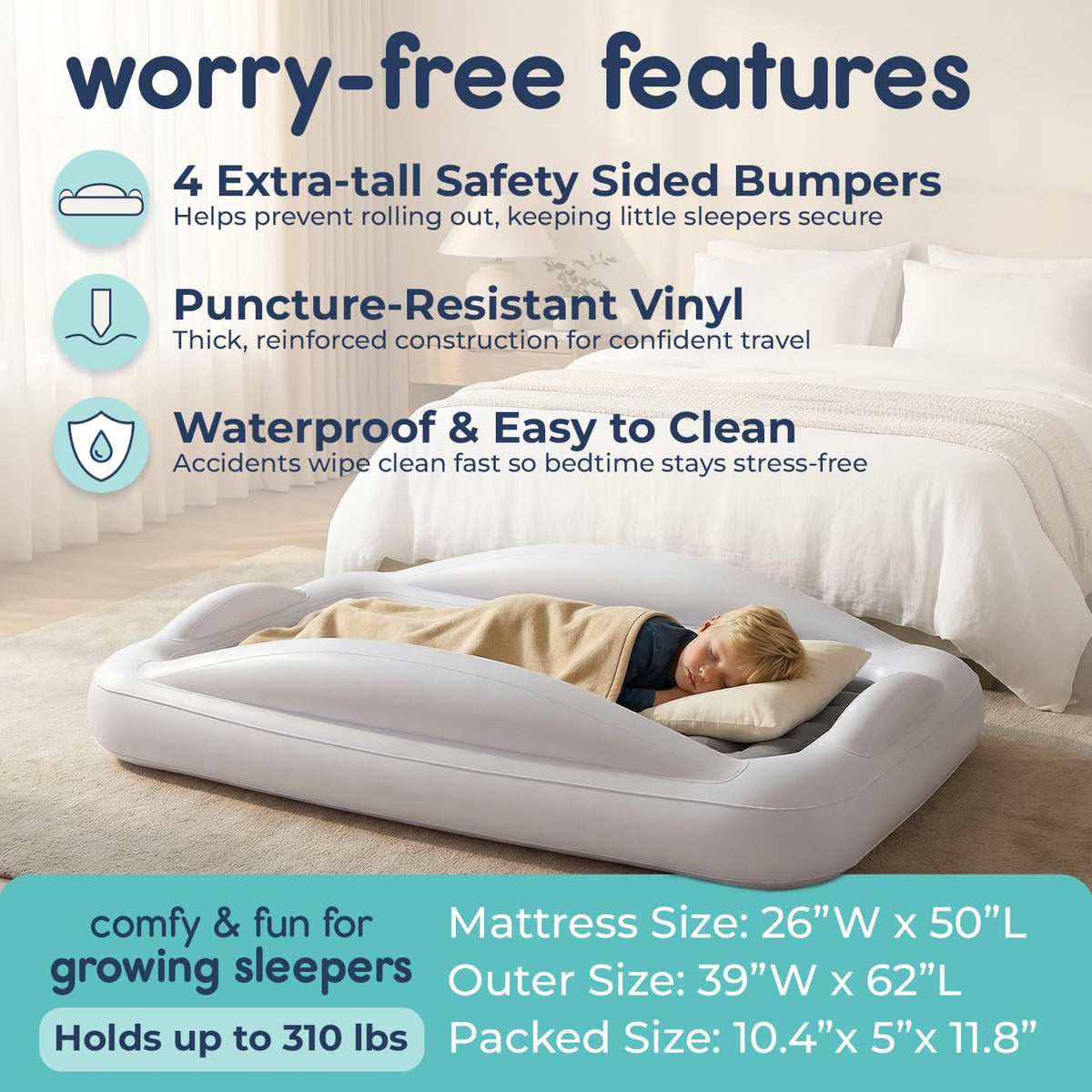 Inflatable Toddler Travel Bed with Safety Bumpers Grey Q40485