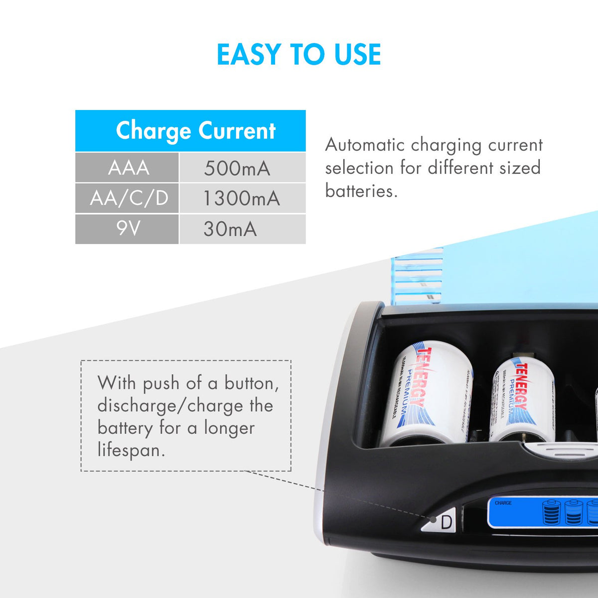 Rechargeable C Batteries and LCD Smart Battery Charger, 4 Pack A679457