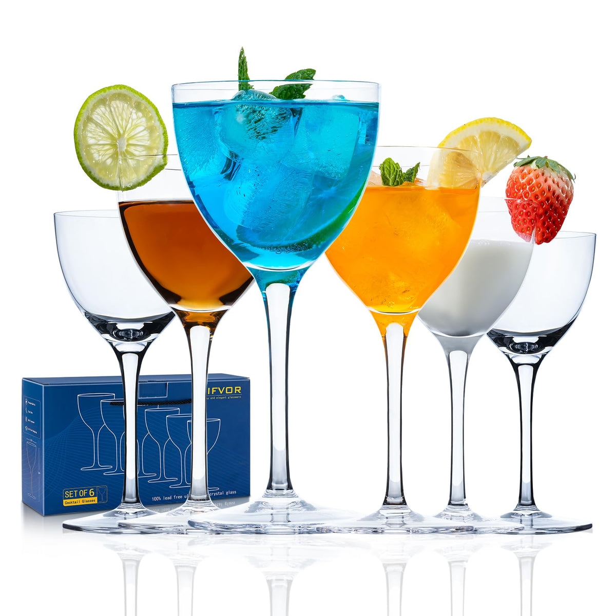 6oz Hand Blown Lead-Free Crystal Martini Glasses Set of 6 Z42774