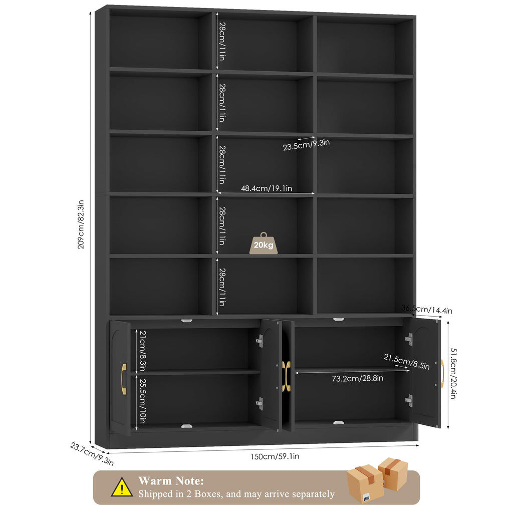 82.3" Triple Wide Bookshelf with 4 Doors, Black C9666