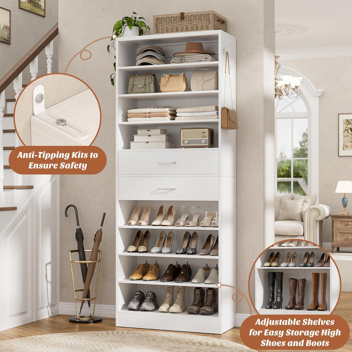 10 Tiers Tall White Wood Shoe Cabinet V394