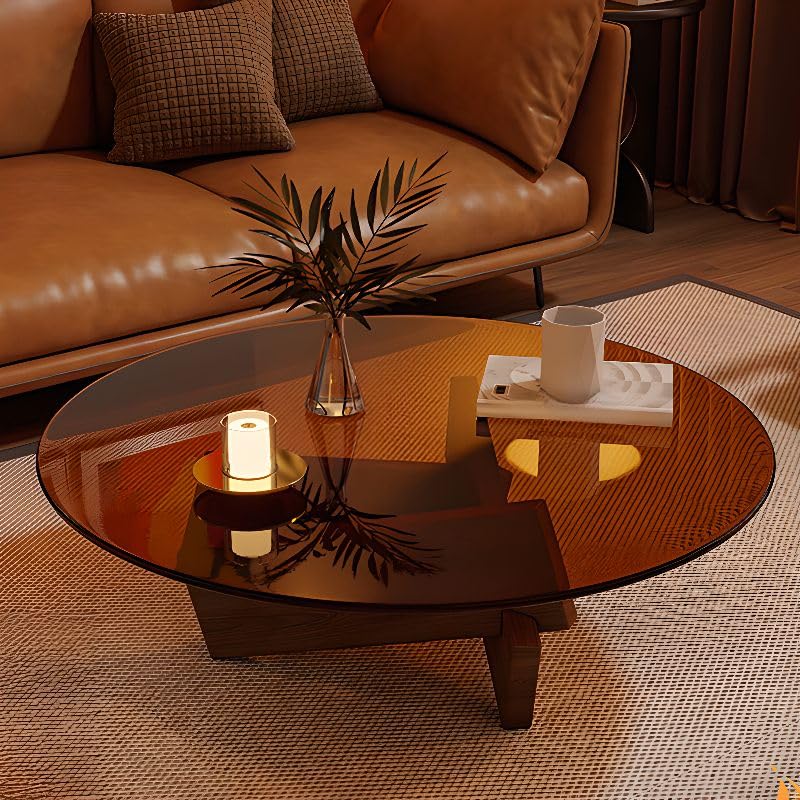 Round Glass Coffee Table with Solid Wood Abstract Base V27530