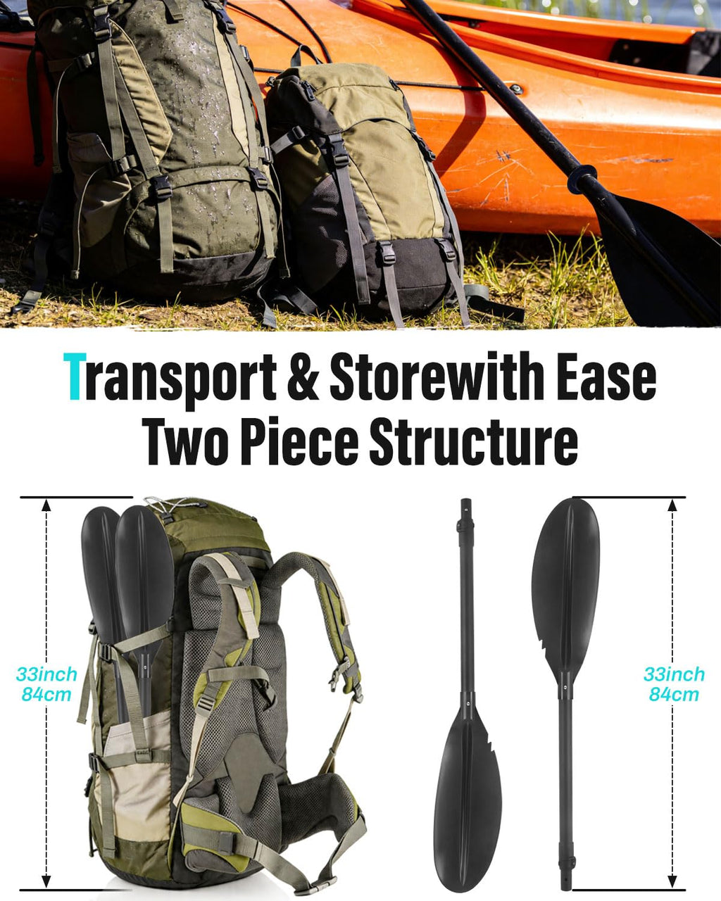 Kayak Paddles with Paddle Leash, 70in-97in Lightweight Paddling Blades V711969