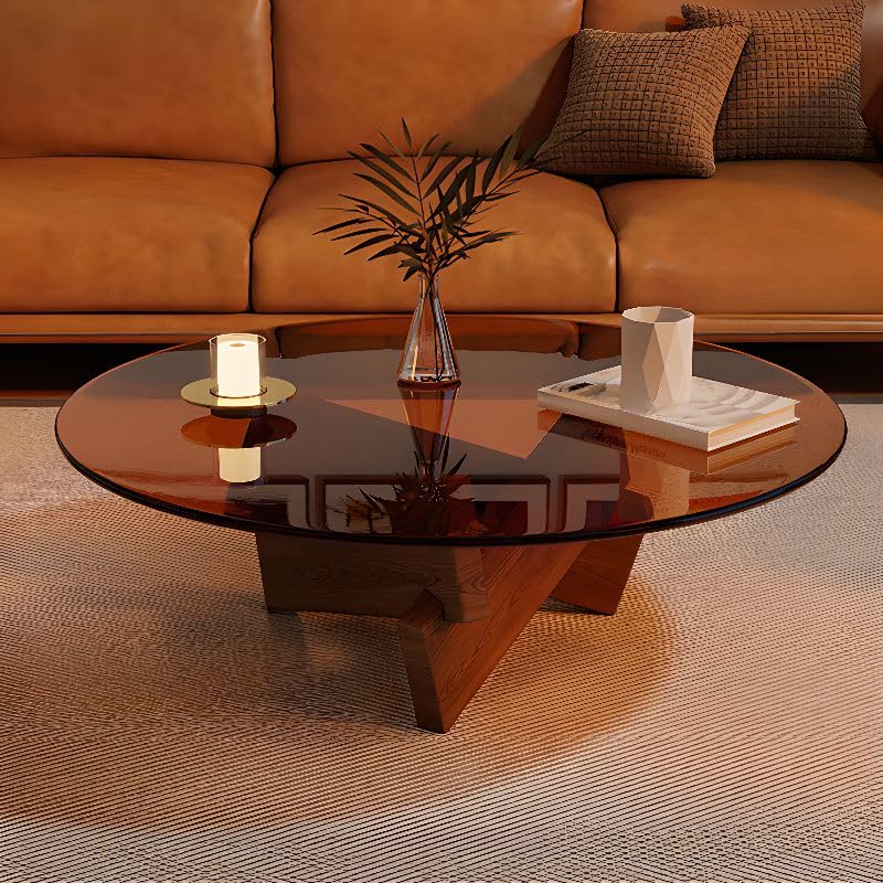 Round Glass Coffee Table with Solid Wood Abstract Base V27530
