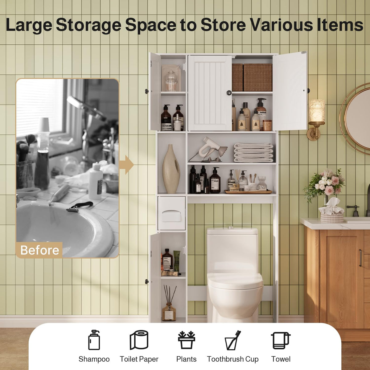 Over The Toilet Storage Cabinet with Five Doors White G216
