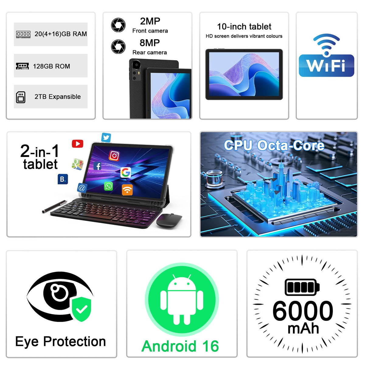 Android 16 Tablet 10 Inch 20GB RAM 128GB ROM Black Z450523