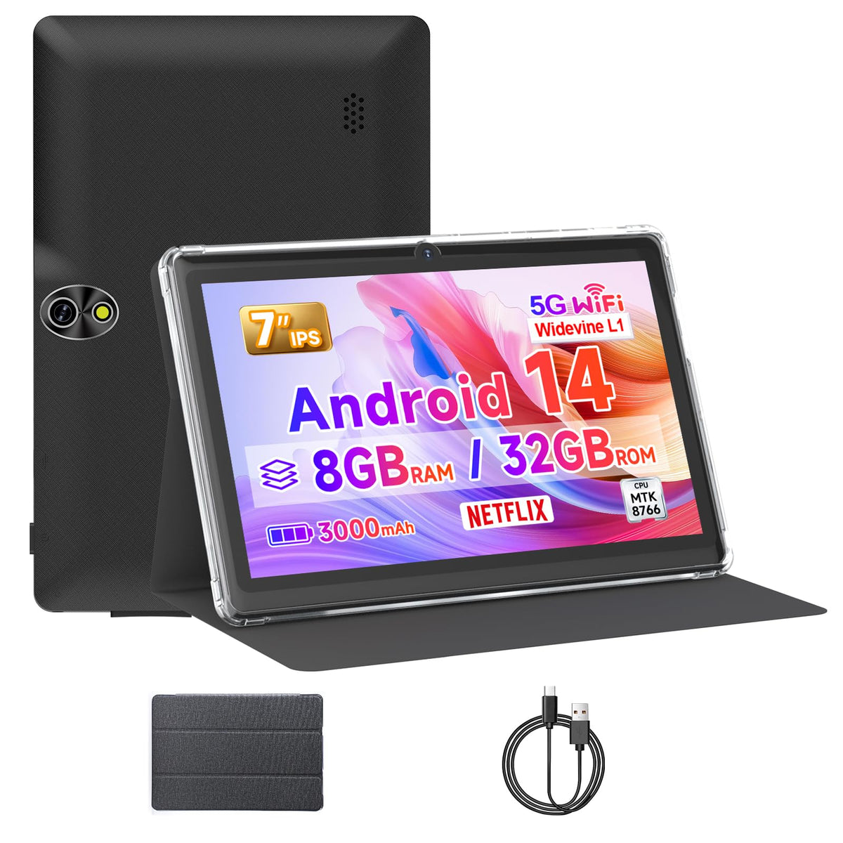7 Inch Android Tablet with Protective Case, 8GB RAM 32GB ROM, Black P5123