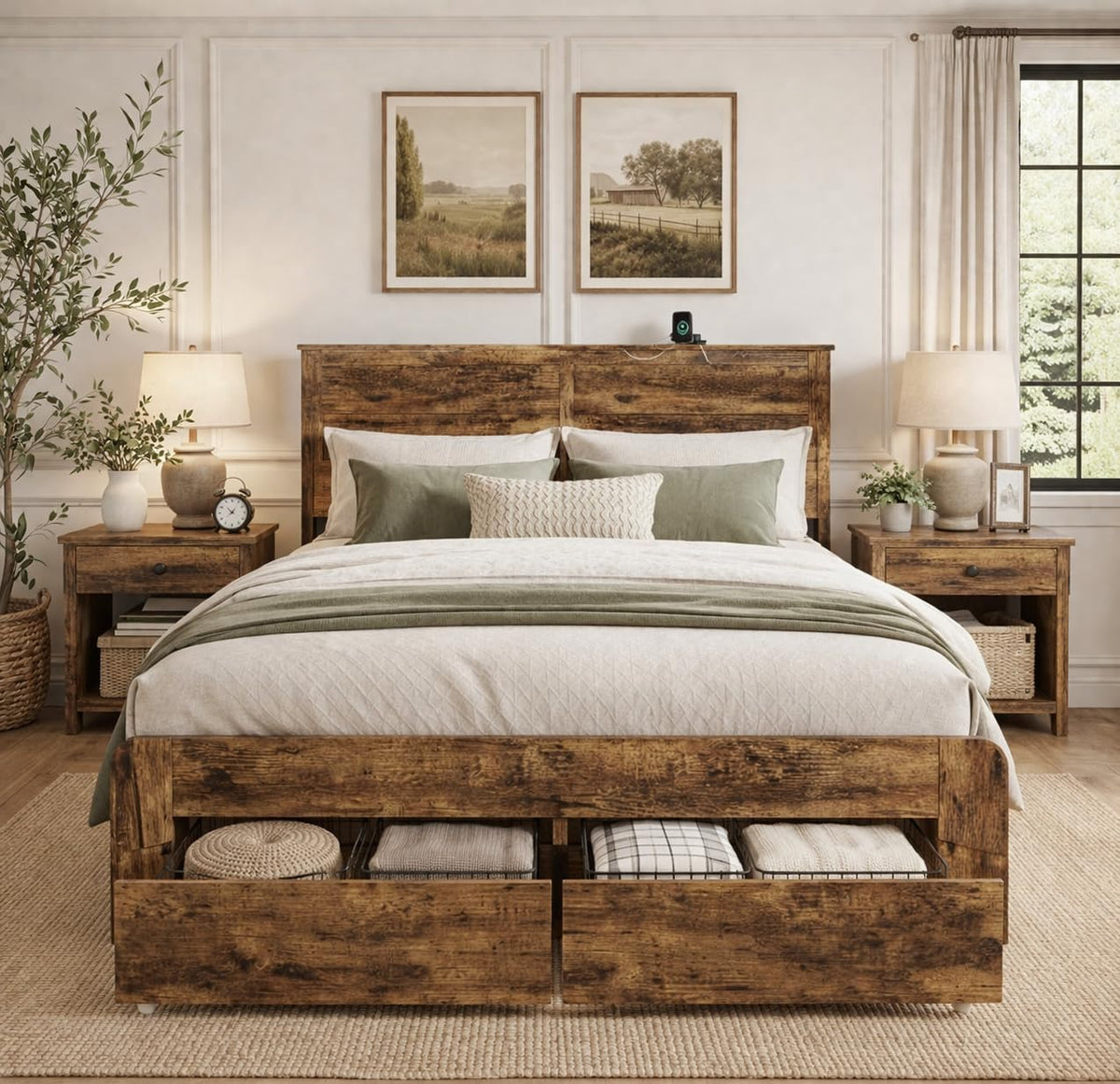Queen Size Wooden Bed Frame with Storage Drawers F43444