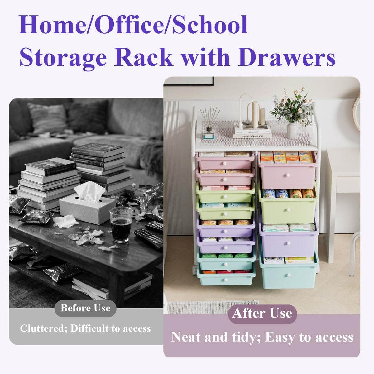 Rolling Storage Drawer Cart with Wheels and Carbon Steel Tabletop U90830