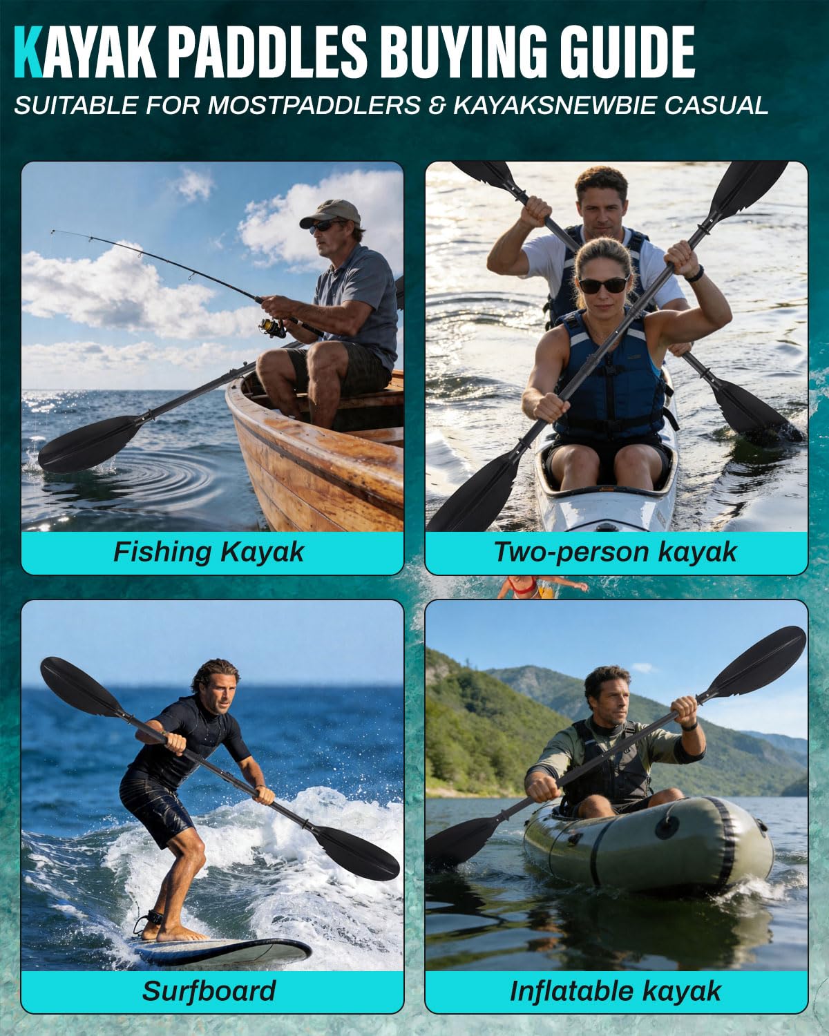 Kayak Paddles with Paddle Leash, 70in-97in Lightweight Paddling Blades V711969
