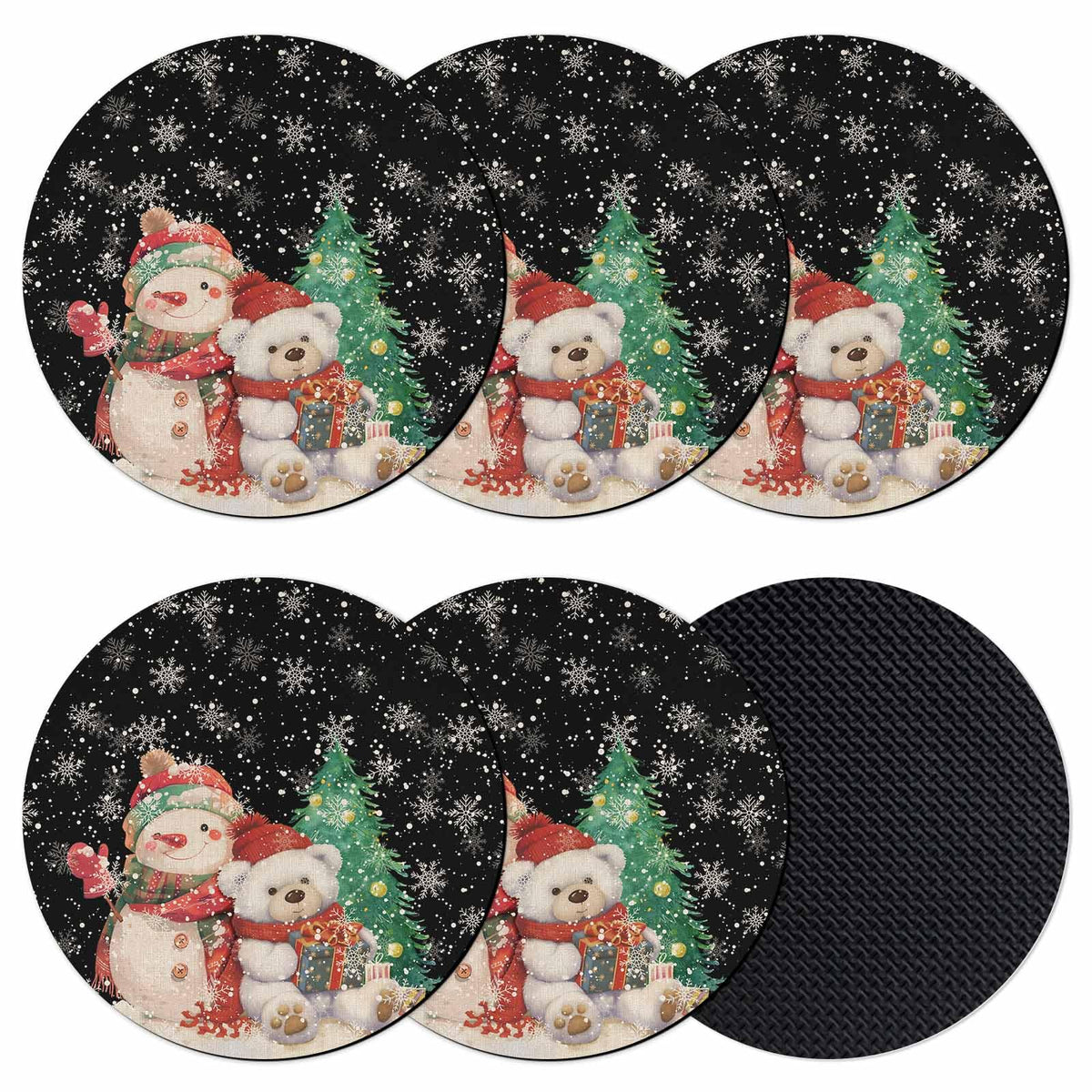 Christmas Coasters Set of 6 Black Silicone Non-Slip J43556