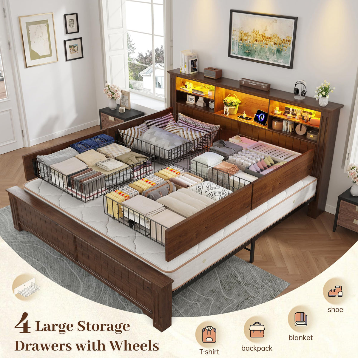 King Bed Frame with 4 Storage Drawers and Headboard Shelf, Brown M4884