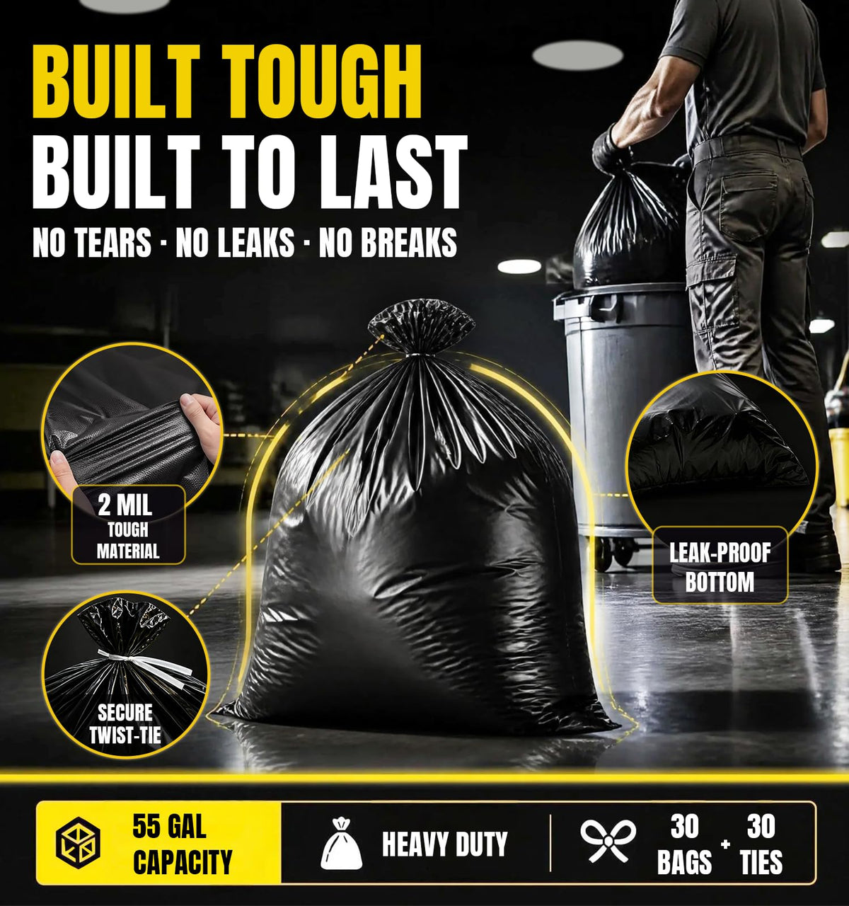 55 Gallon Heavy Duty 2 Mil Black Garbage Bags G756